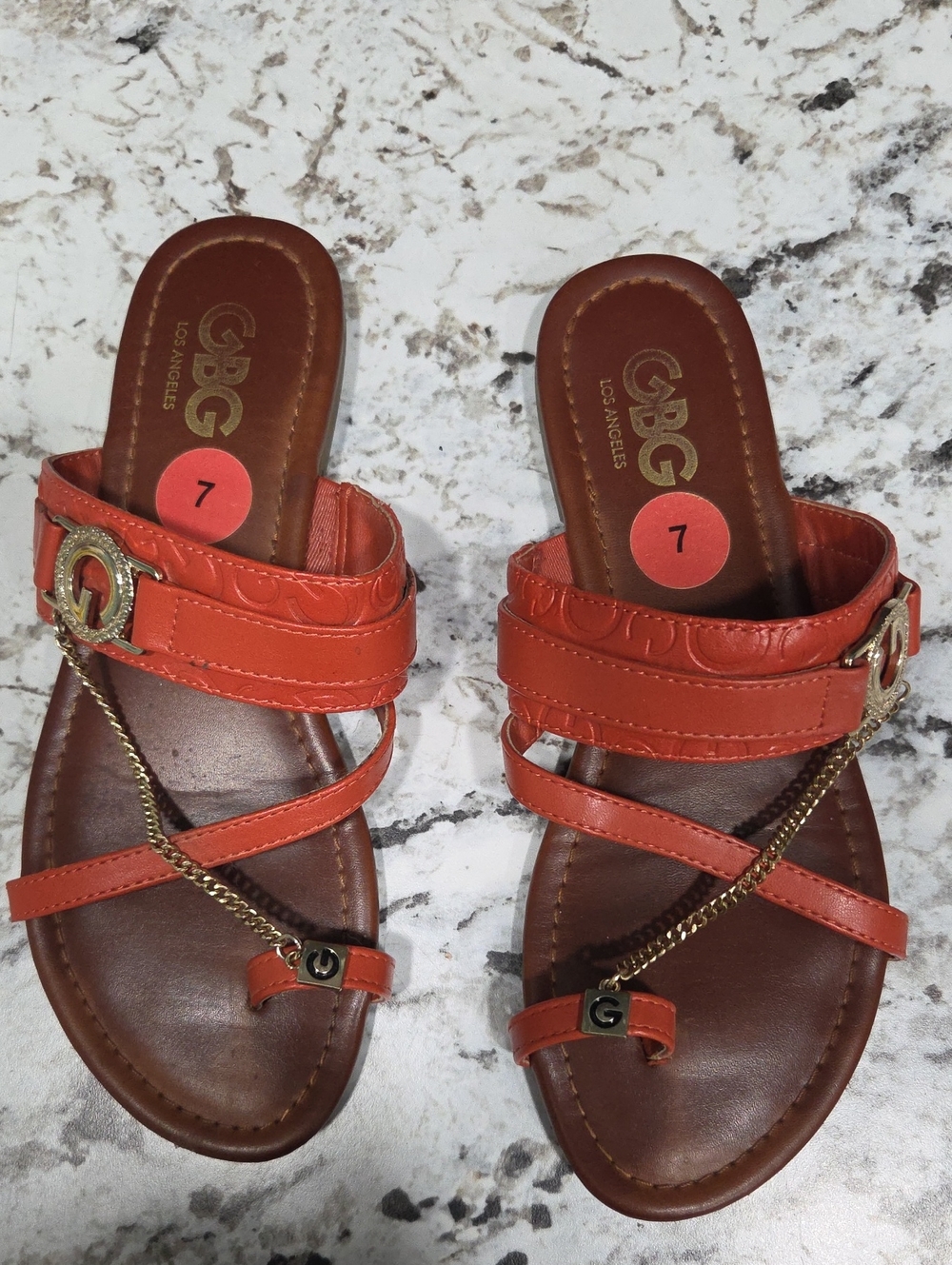 GBG Los Angeles Women's Coral-Orange Chain Accent Slide Sandals